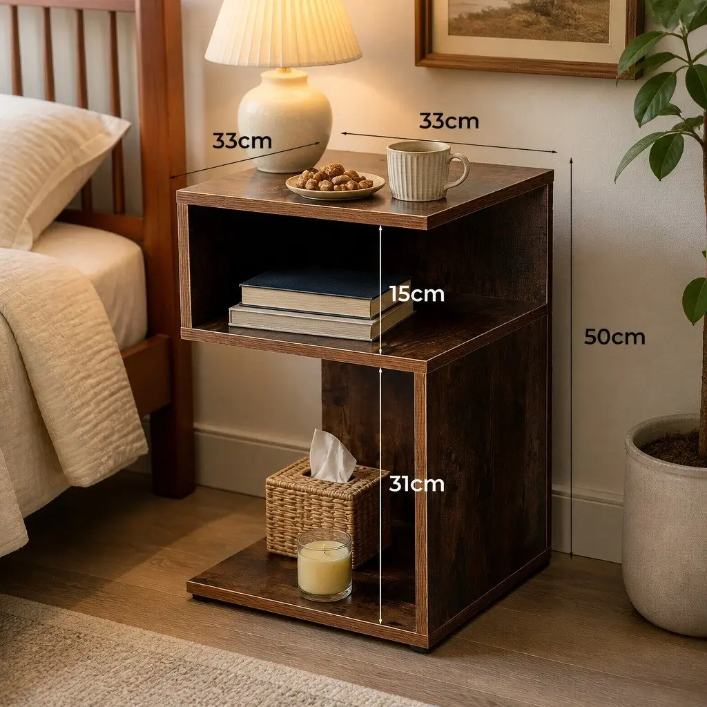 Oak Nightstand Bedside Table with Storage Drawers and Open Shelves for Bedroom and Living Room use 33cm W x 33cm D x 50cm H