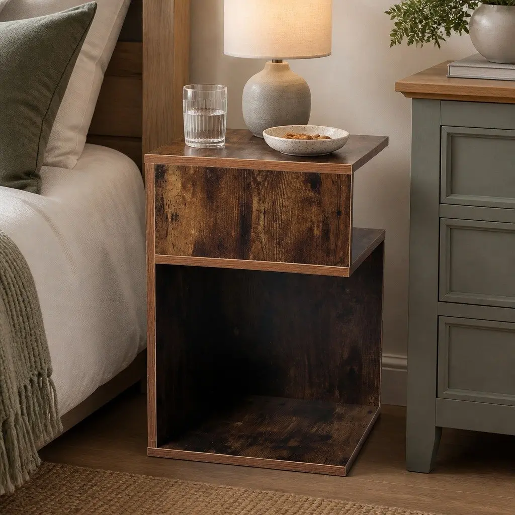 Oak Nightstand Bedside Table with Storage Drawers and Open Shelves for Bedroom and Living Room use 33cm W x 33cm D x 50cm H