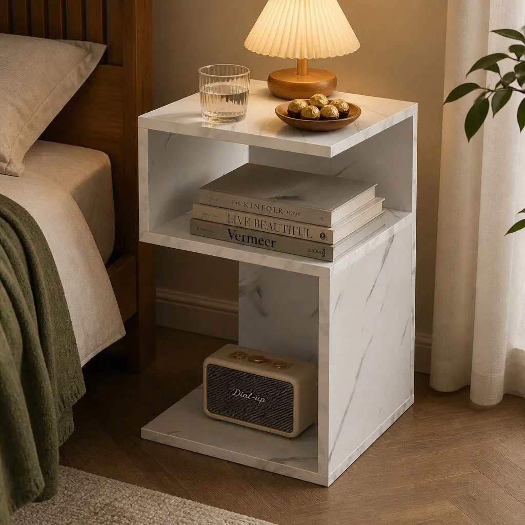 Bedside Table with Drawers Open Shelves Storage Side Table White Nightstand