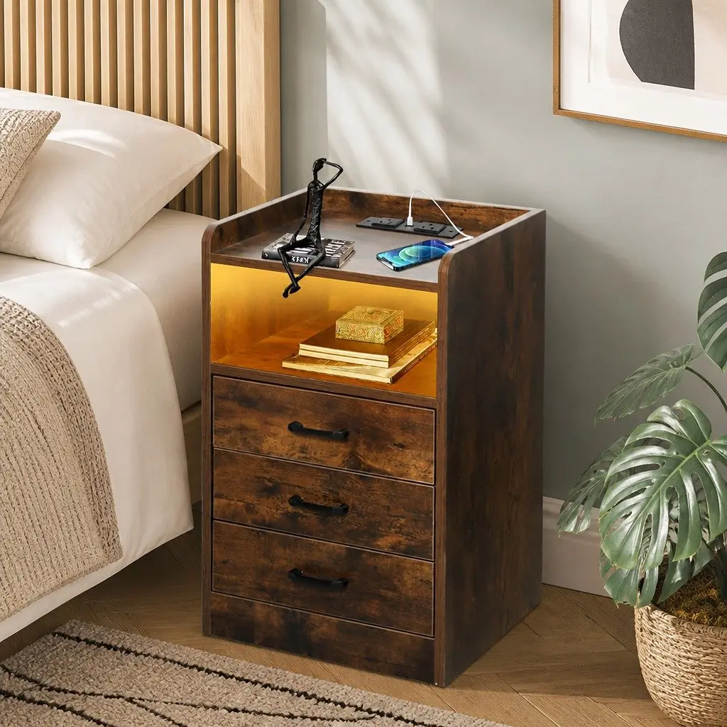 Oak Bedside Table with LED Lighting & USB