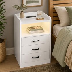 Bedside Table with USB Charger Outlet LED Light 3 Drawers Storage White
