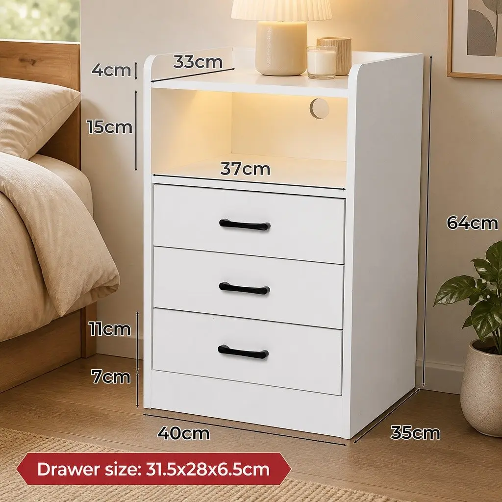Bedside Table White LED Light USB Charger Outlet 3 Drawers Nightstand Bedroom