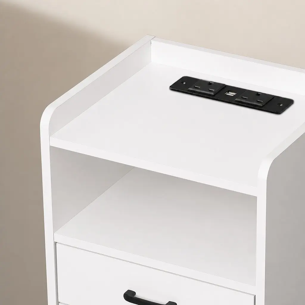 Bedside Table White LED Light USB Charger Outlet 3 Drawers Nightstand Bedroom