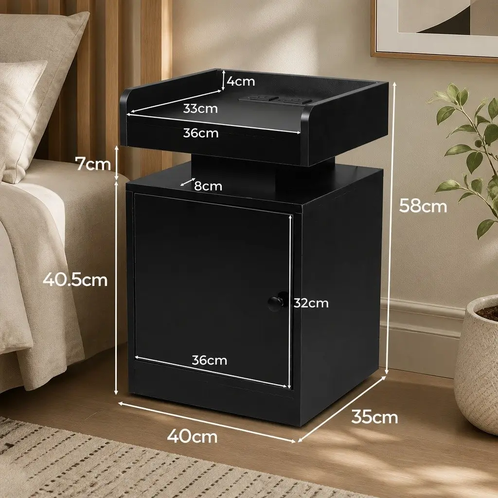 Bedside Table with USB Charger Outlets RGB LED Lighting Storage Cabinet Black
