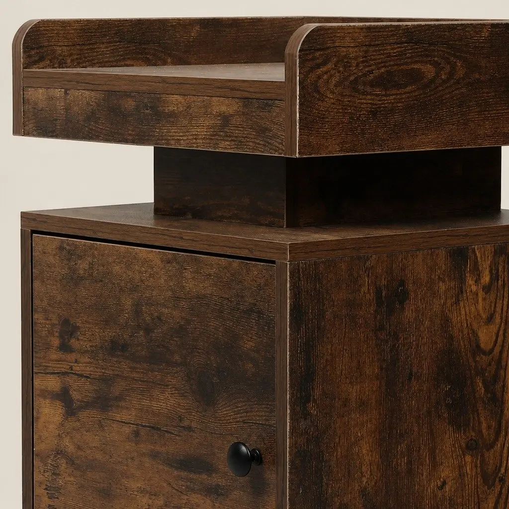 Bedside Table with USB Charger Outlets RGB LED Lighting Nightstand Storage Oak