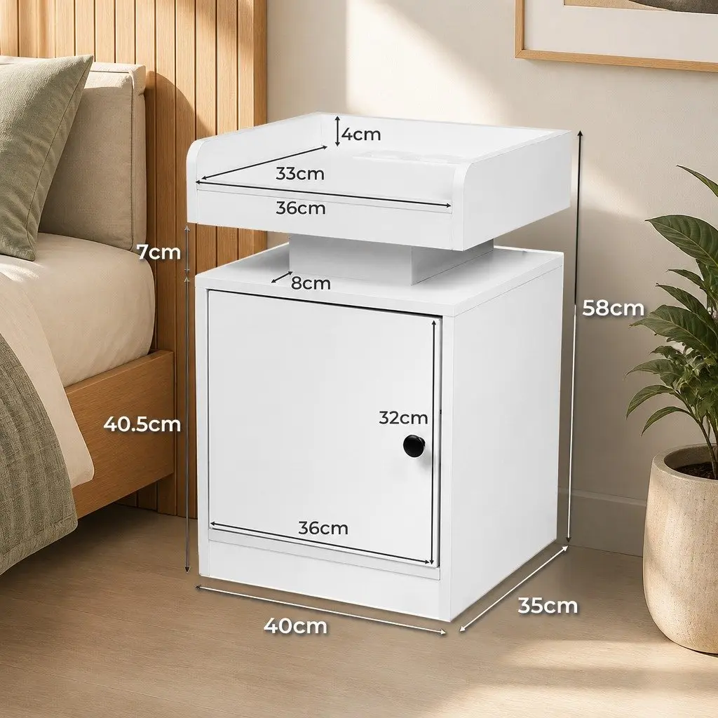Bedside Table with USB Charger Outlet RGB LED Lights Storage White Nightstand