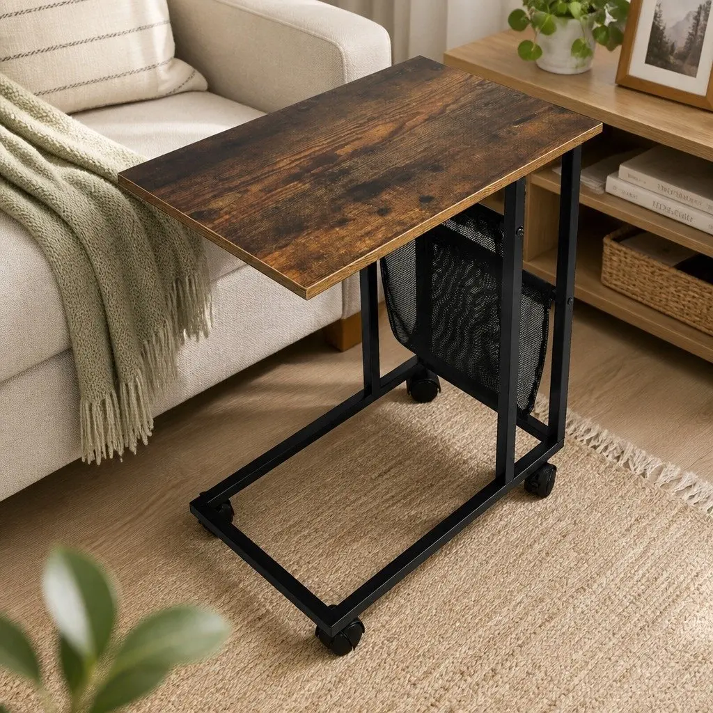 Side Table Mobile Coffee Table Industrial Style Mesh Storage 55cm x 35cm x 69cm