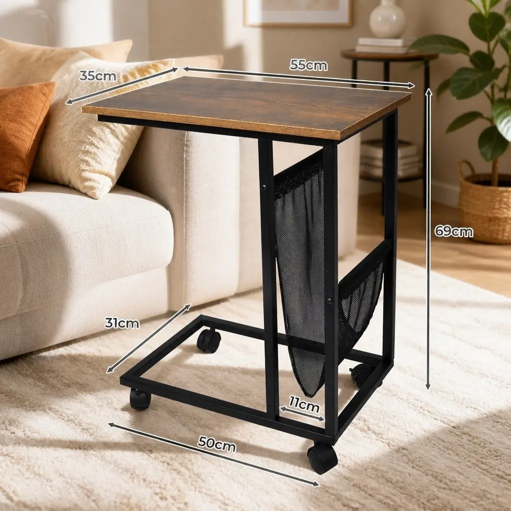 Side Table Mobile Coffee Table Industrial Style Mesh Storage 55cm x 35cm x 69cm
