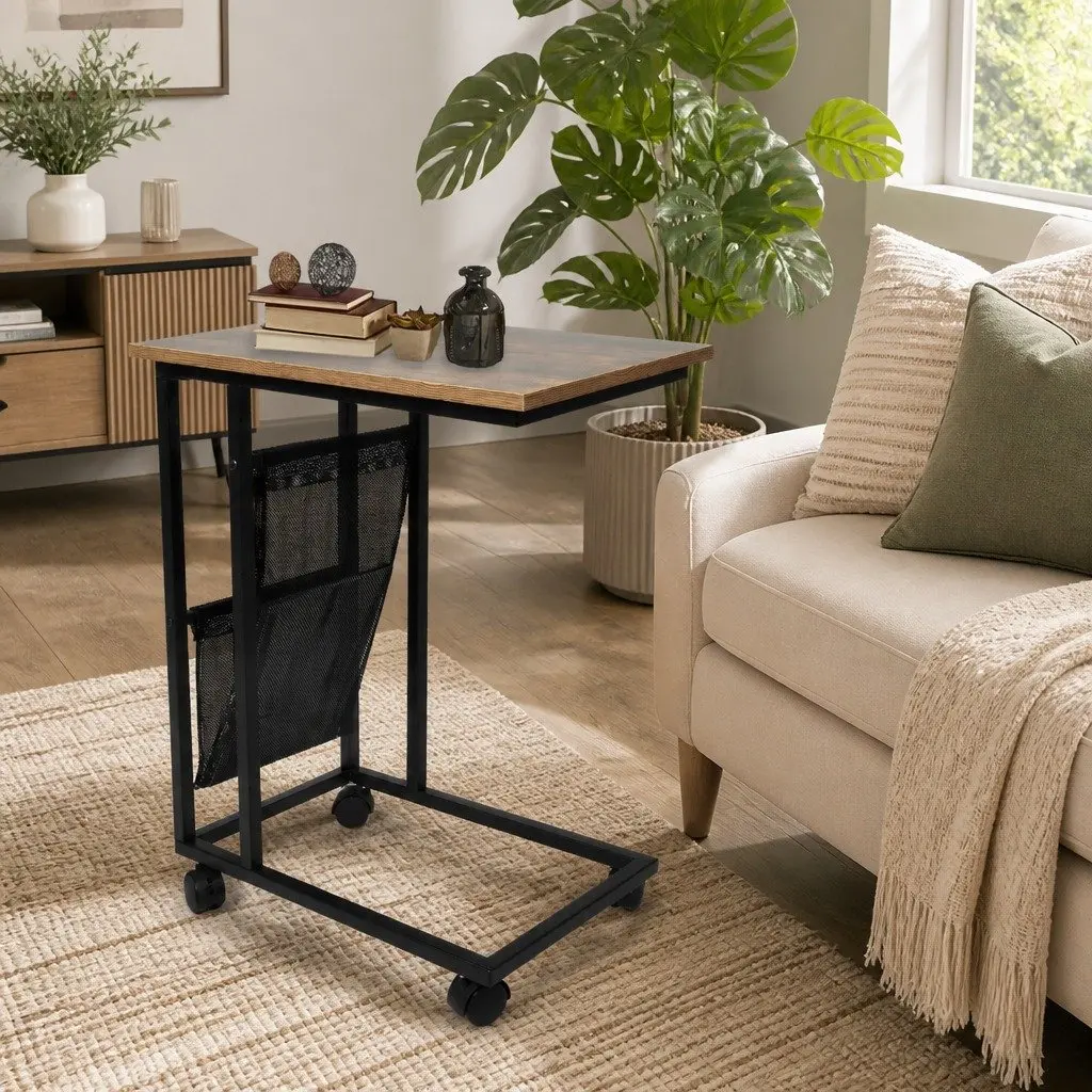 Side Table Mobile Coffee Table Industrial Style Mesh Storage 55cm x 35cm x 69cm