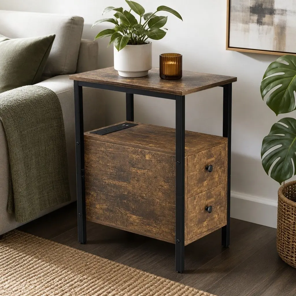 Side Table Narrow End Table with Charging Station USB Ports Drawers Storage