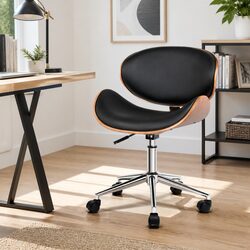 Wooden Office Chair PU Leather Seat Black Swivel Castor Wheels 360 Degree
