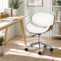 Wooden Office Chair White Leather Seat Swivel Castor Wheels Adjustable Height
