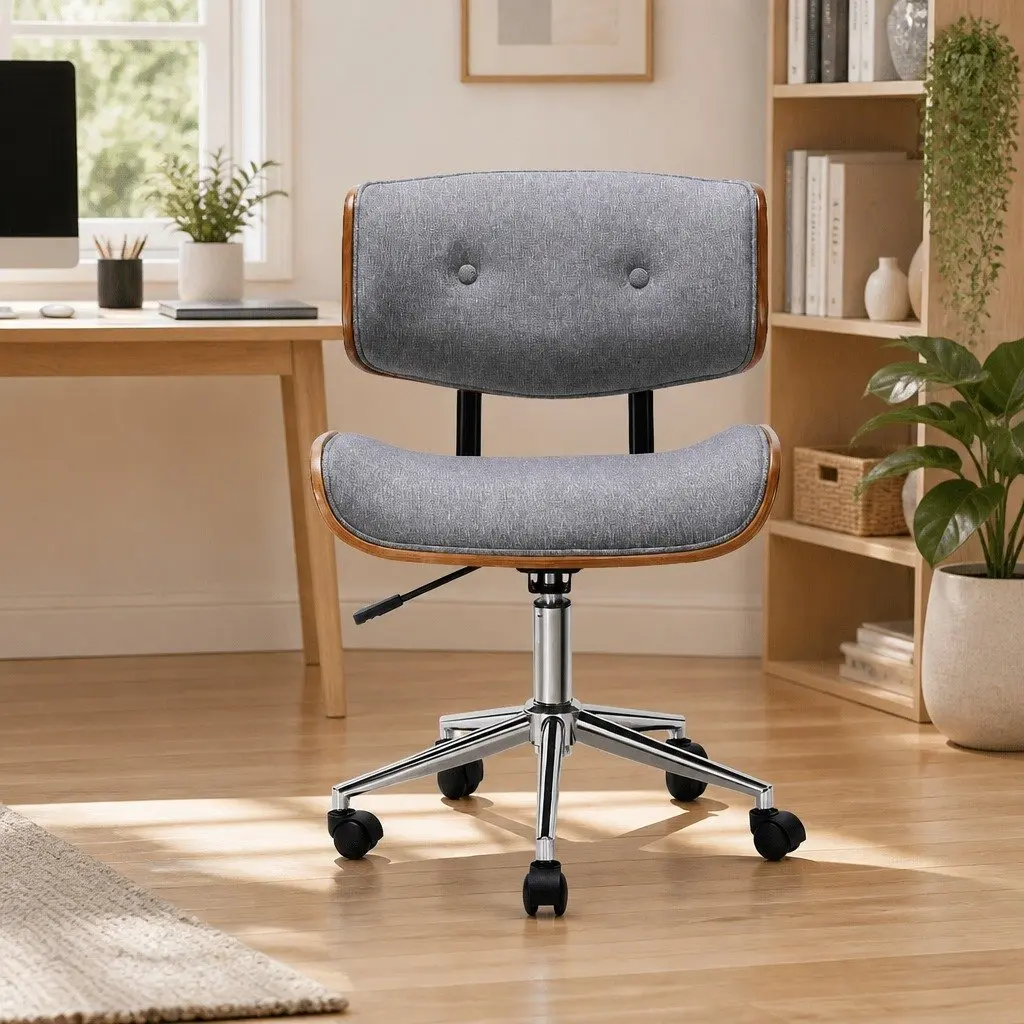 Office Chair Wooden Frame Fabric Seat Grey Rotatable Height Adjustable Desk