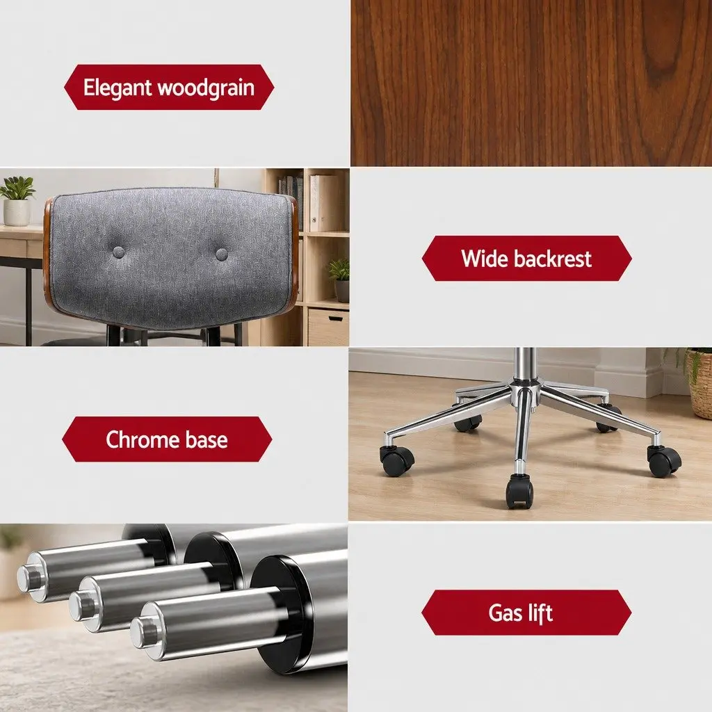 Office Chair Wooden Frame Fabric Seat Grey Rotatable Height Adjustable Desk