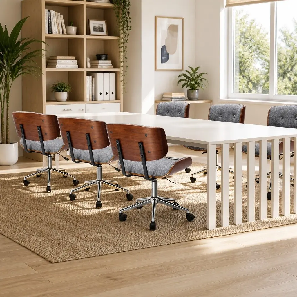 Office Chair Wooden Frame Fabric Seat Grey Rotatable Height Adjustable Desk