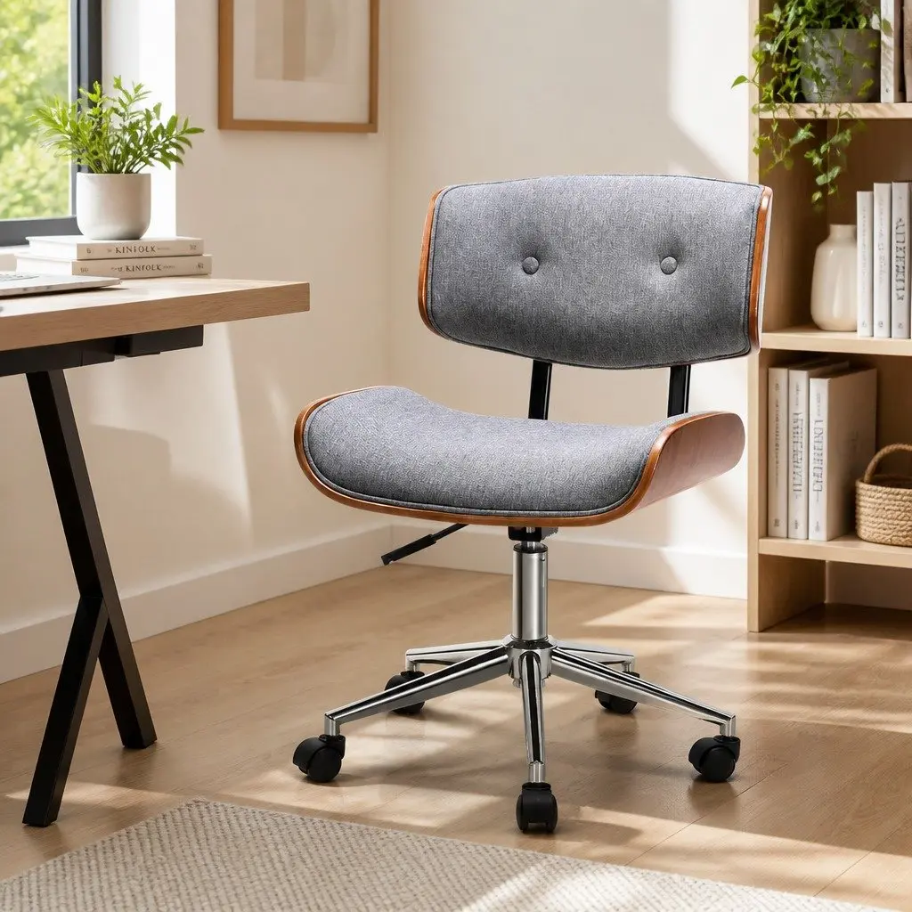 Office Chair Wooden Frame Fabric Seat Grey Rotatable Height Adjustable Desk