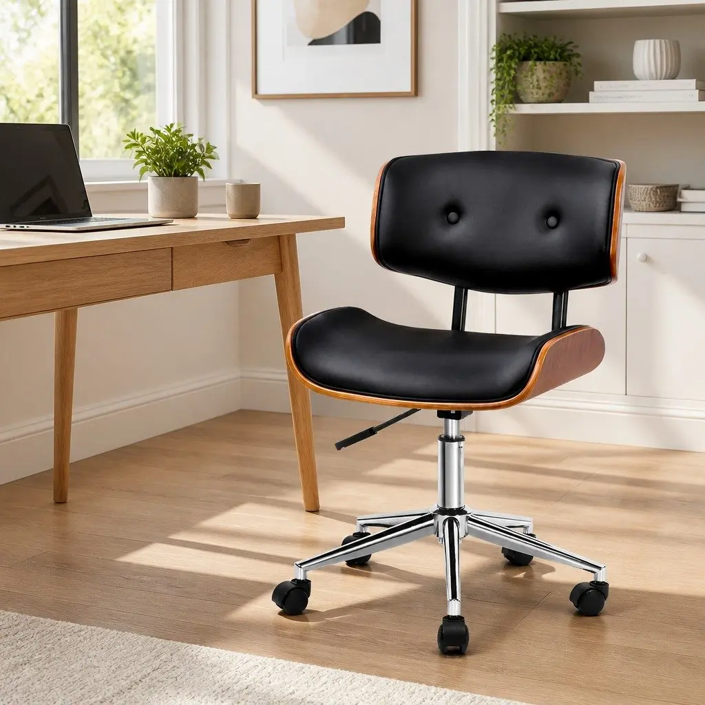 Office Chair for Home or Office Wooden Frame PU Leather Seat Height Adjustable Black