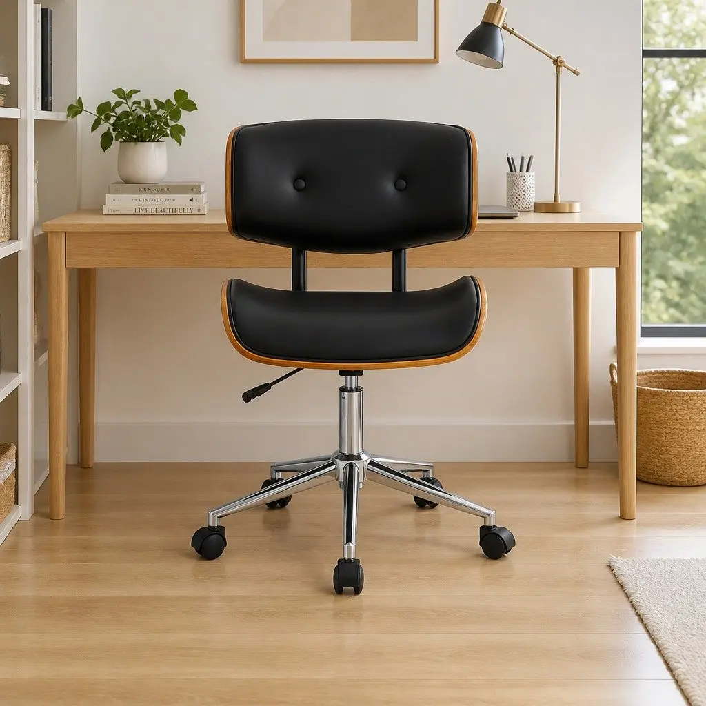 Office Chair for Home or Office Wooden Frame PU Leather Seat Height Adjustable Black