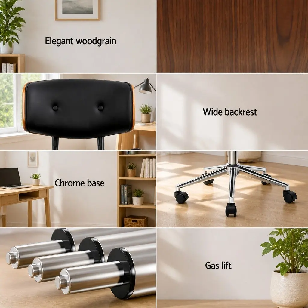 Office Chair for Home or Office Wooden Frame PU Leather Seat Height Adjustable Black