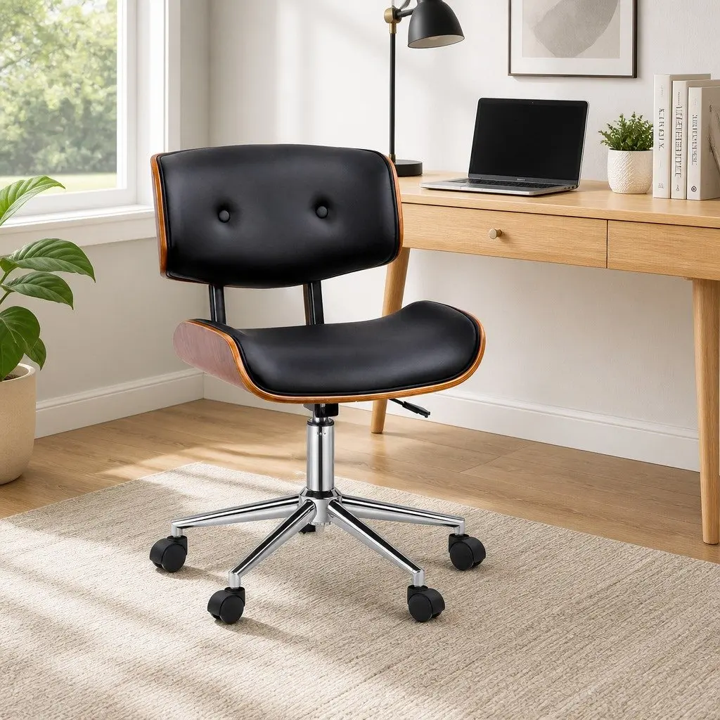 Office Chair for Home or Office Wooden Frame PU Leather Seat Height Adjustable Black