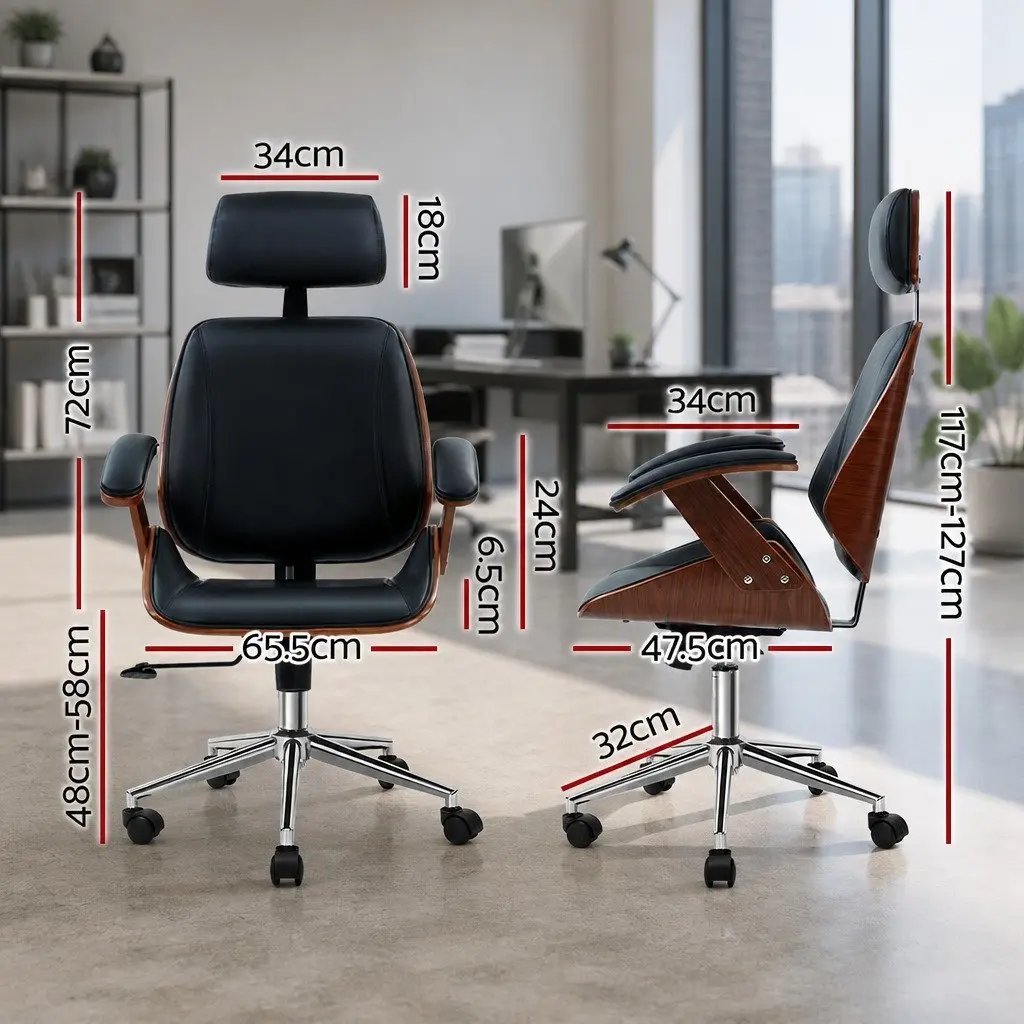 Wooden Office Chair Black Leather Seat Swivel Height Adjustable Ergonomic Desk