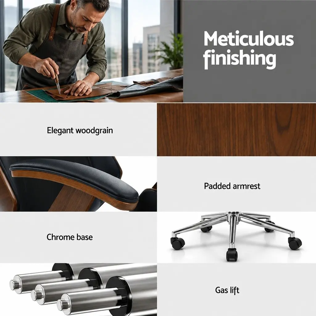 Wooden Office Chair Black Leather Seat Swivel Height Adjustable Ergonomic Desk