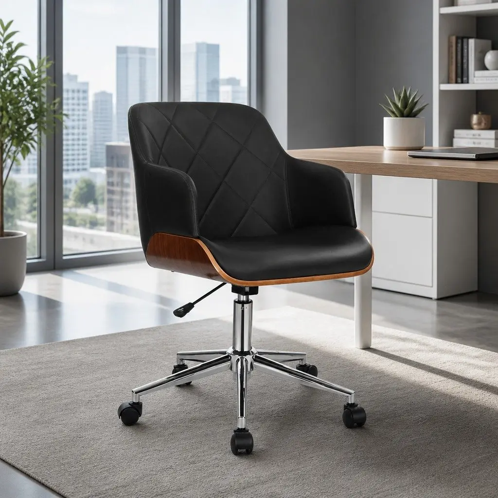 Wooden Office Chair for Home or Office Black Fabric Seat Adjustable Height Chrome Base