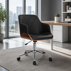 Wooden Office Chair Black Fabric Seat Adjustable Height Chrome Base Castor