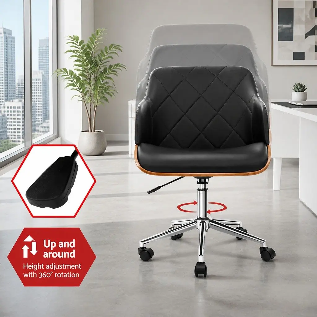 Wooden Office Chair for Home or Office Black Fabric Seat Adjustable Height Chrome Base