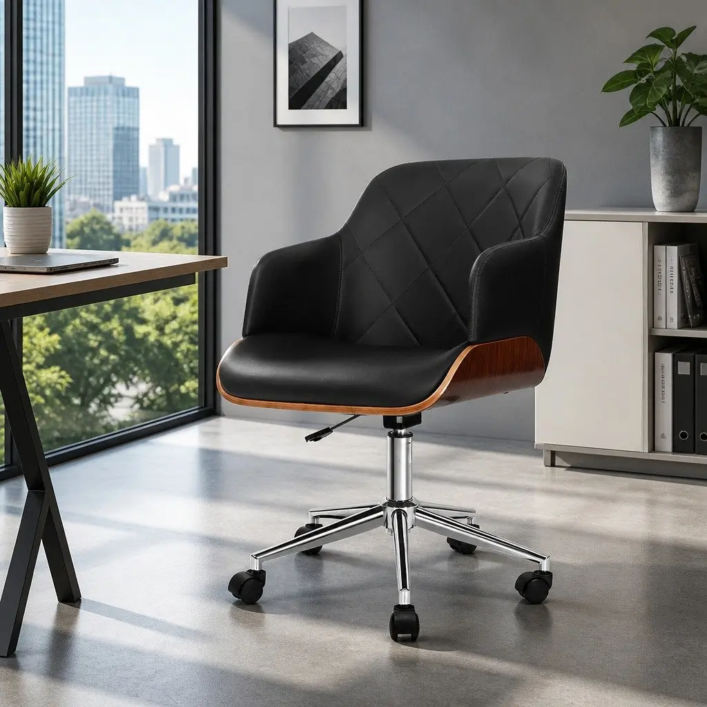 Wooden Office Chair for Home or Office Black Fabric Seat Adjustable Height Chrome Base