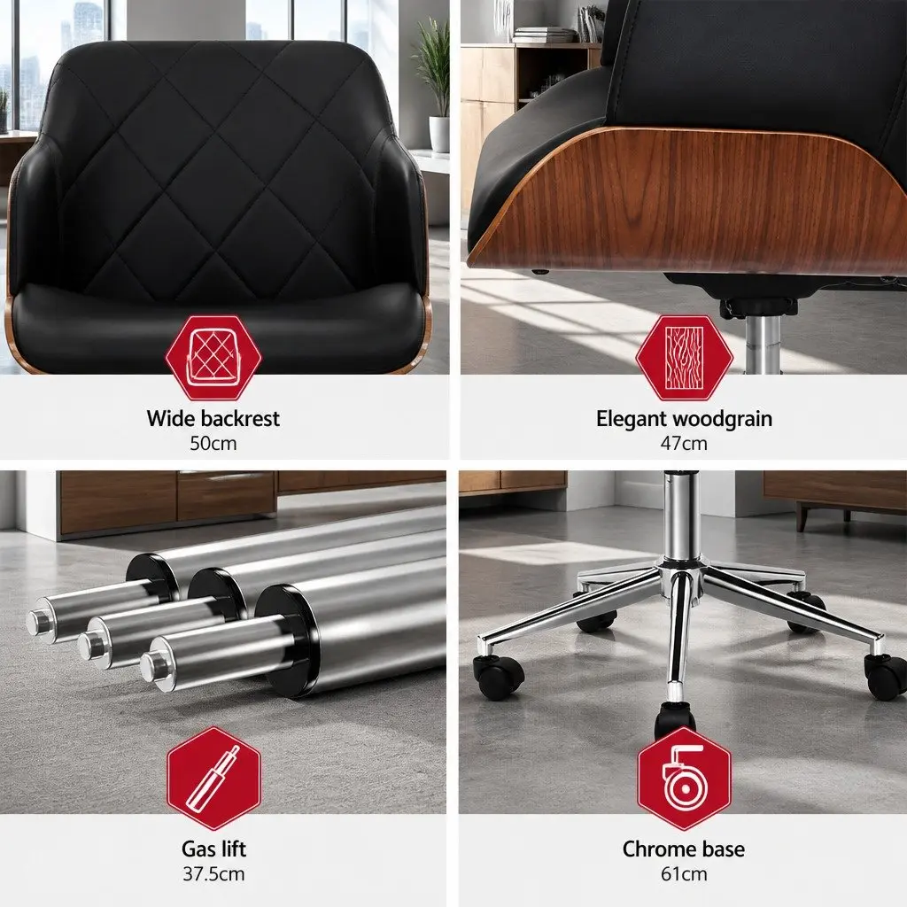 Wooden Office Chair for Home or Office Black Fabric Seat Adjustable Height Chrome Base
