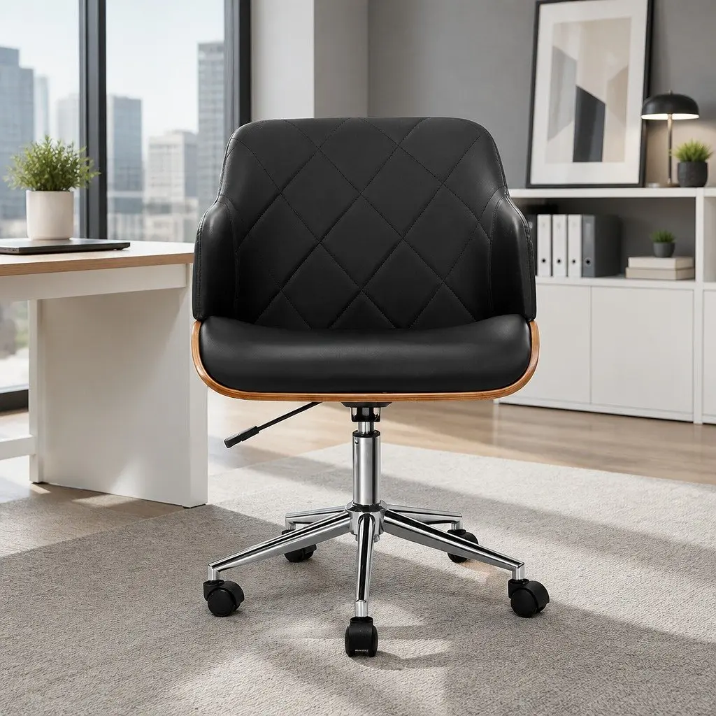 Wooden Office Chair for Home or Office Black Fabric Seat Adjustable Height Chrome Base