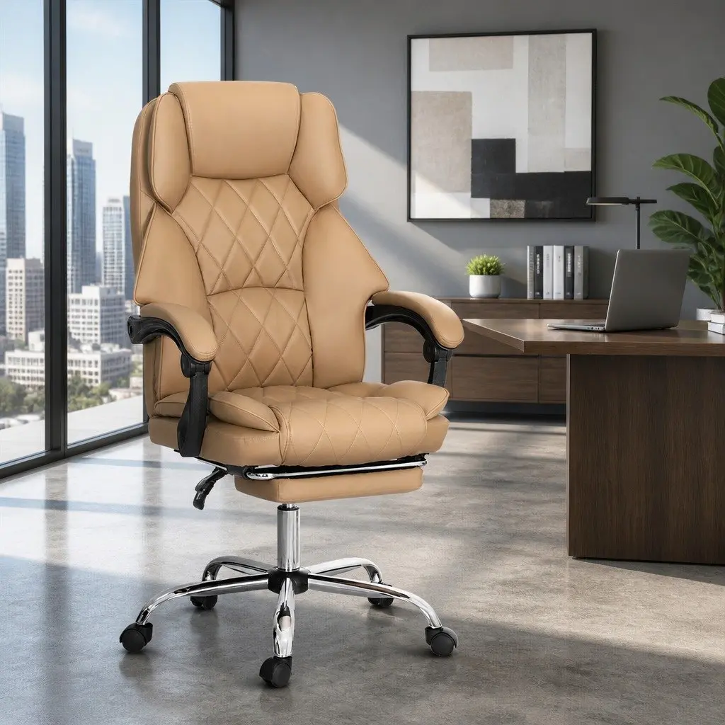 Executive Office Chair Brown Leather Reclining Desk Seat with Footrest
