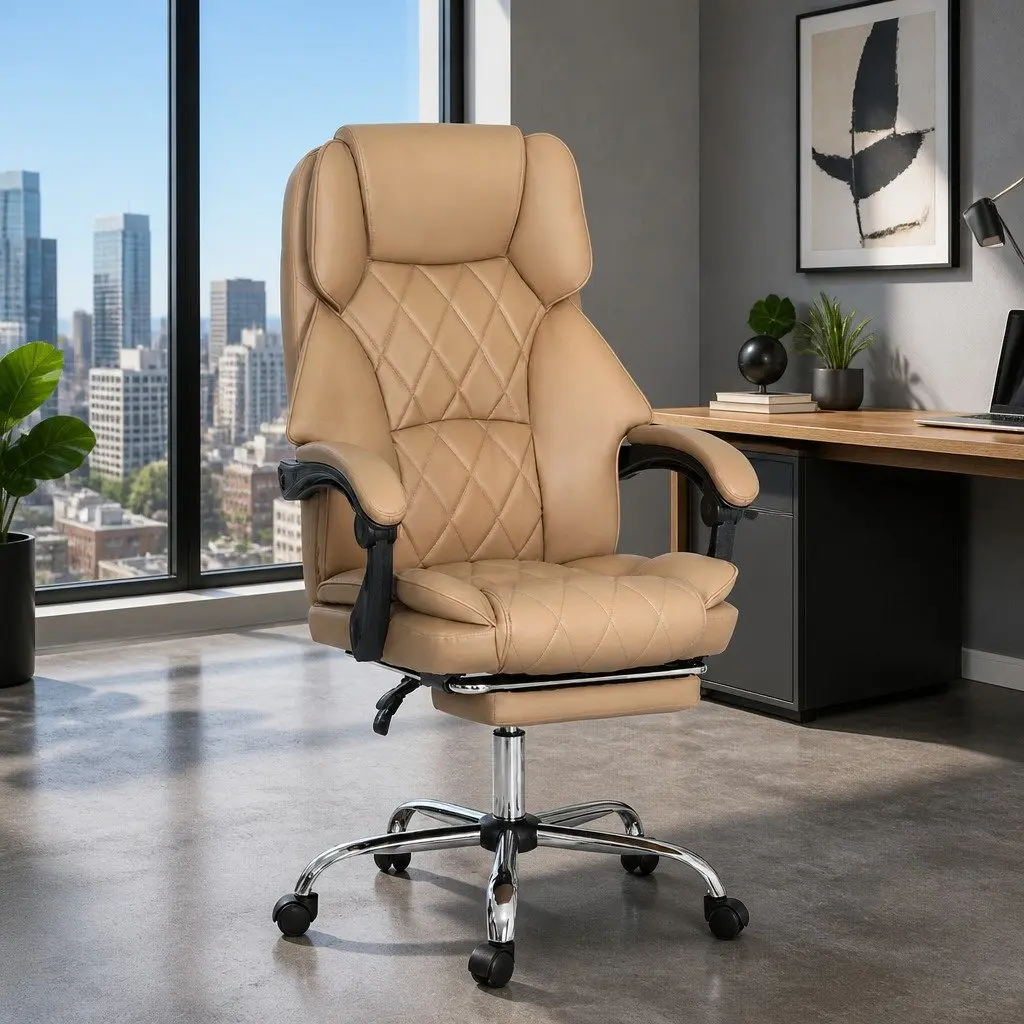 Executive Office Chair Brown Leather Reclining Desk Seat with Footrest