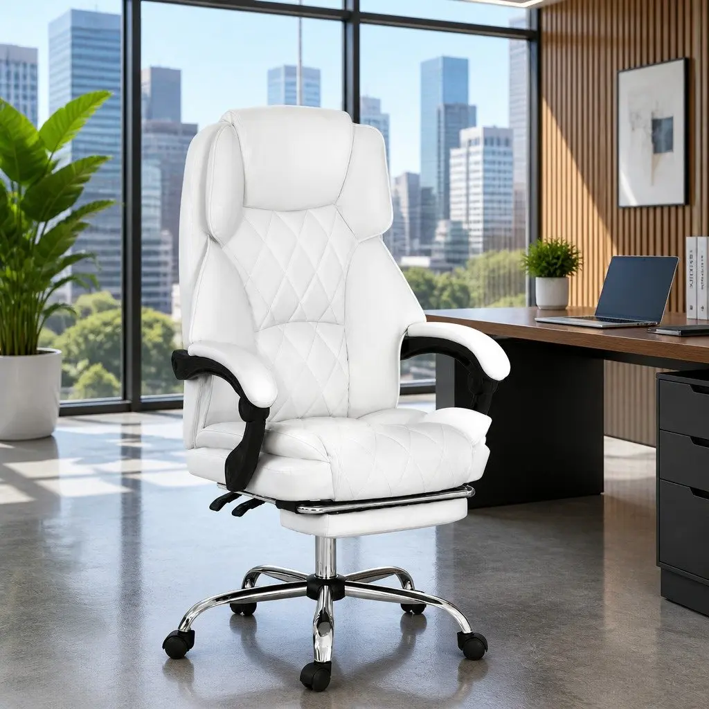White Executive Office Chair with Footrest High-Back Reclining Desk Seat