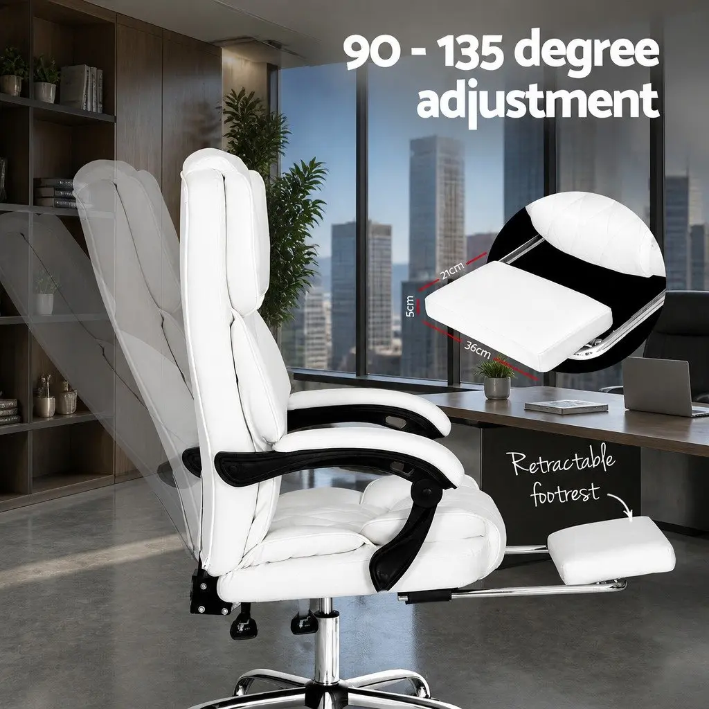 White Executive Office Chair with Footrest High-Back Reclining Desk Seat