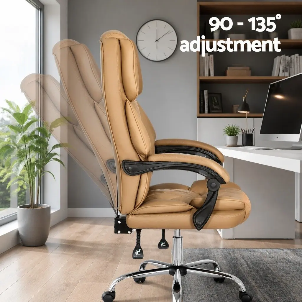 High Back Executive Chair for Office Use with Reclining Function Swivel Seat in Brown Leather