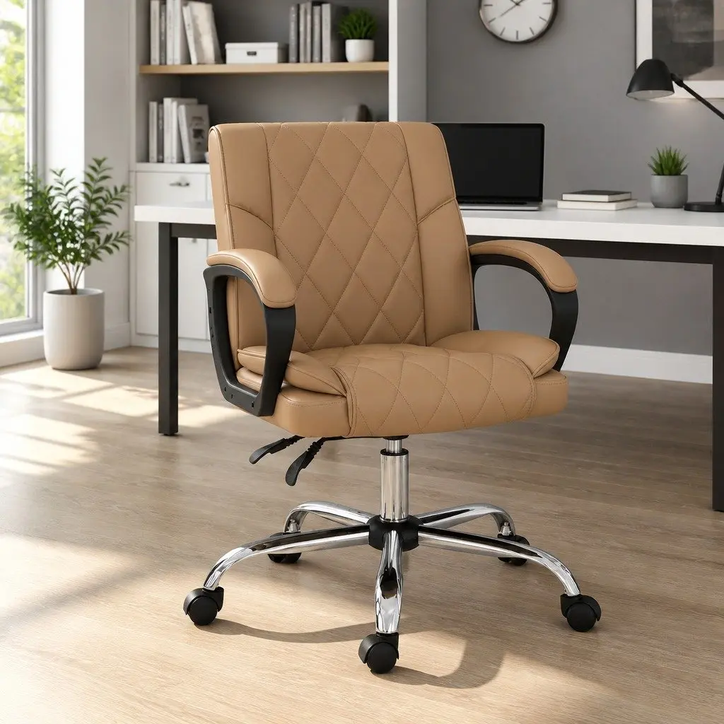 High Back Executive Chair for Office Use with Reclining Function Swivel Seat in Brown Leather