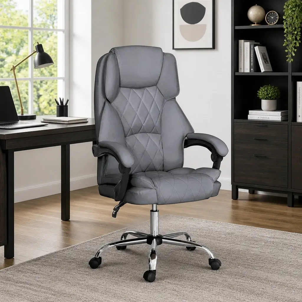 Executive Office Chair Grey High-Back Recliner Adjustable Swivel