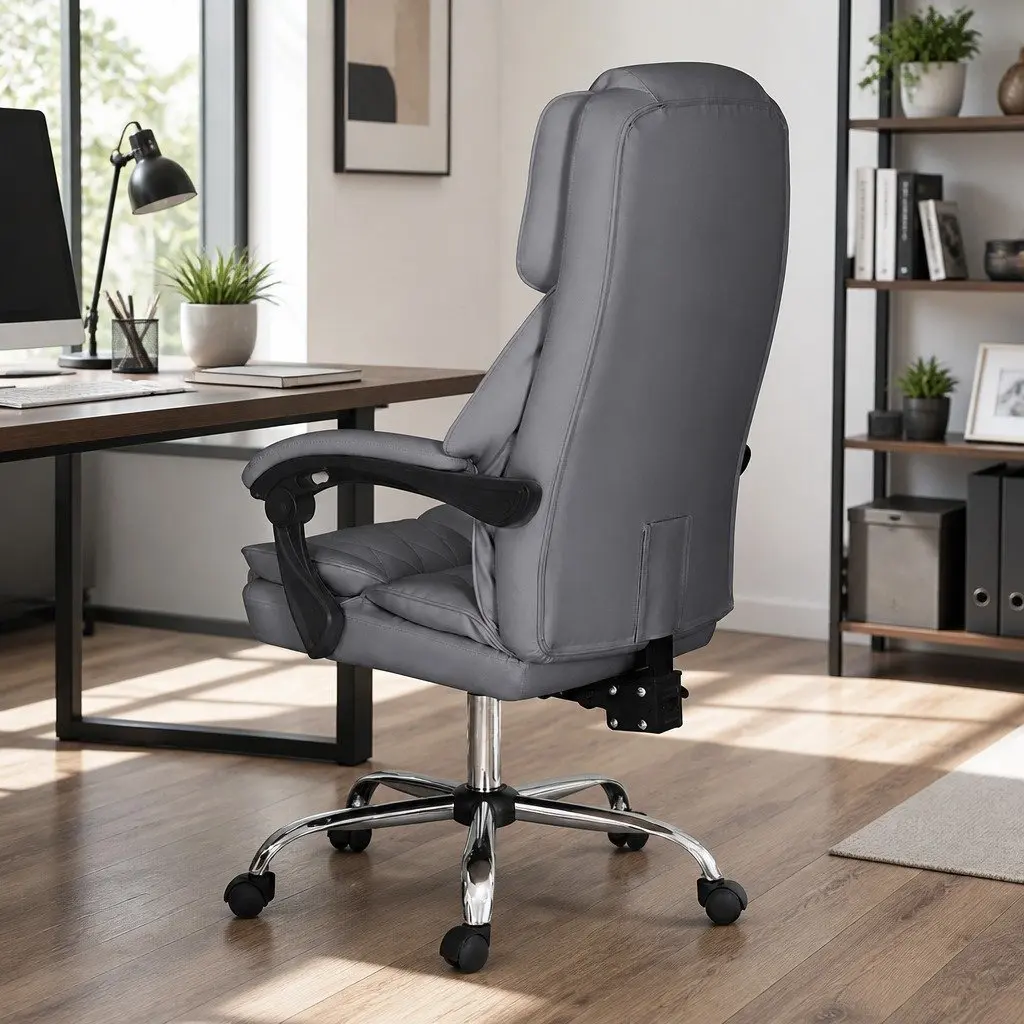 Executive Office Chair Grey High-Back Recliner Adjustable Swivel