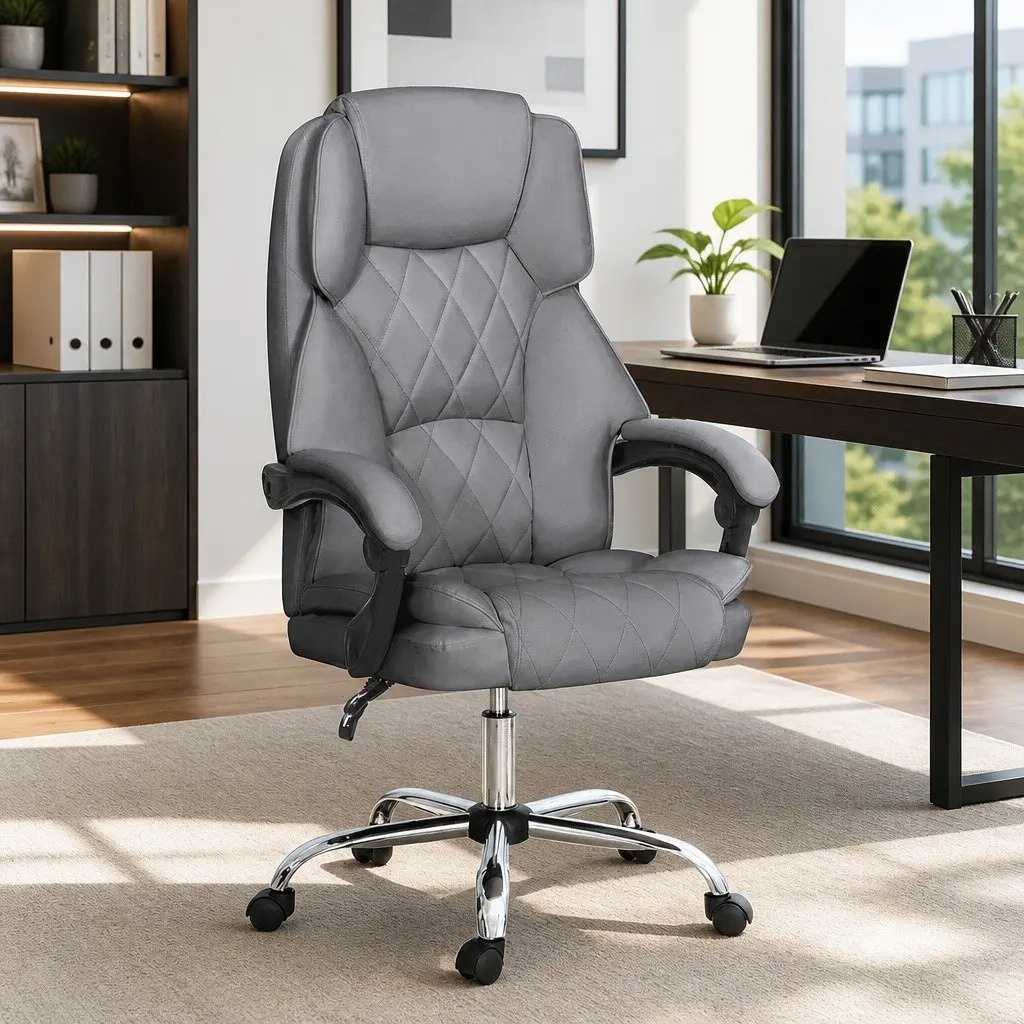 Executive Office Chair Grey High-Back Recliner Adjustable Swivel