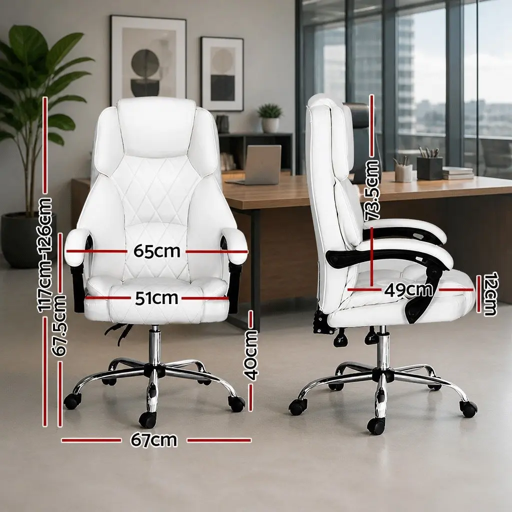 Executive Office Chair High-Back Recliner White Padded Armrests Adjustable