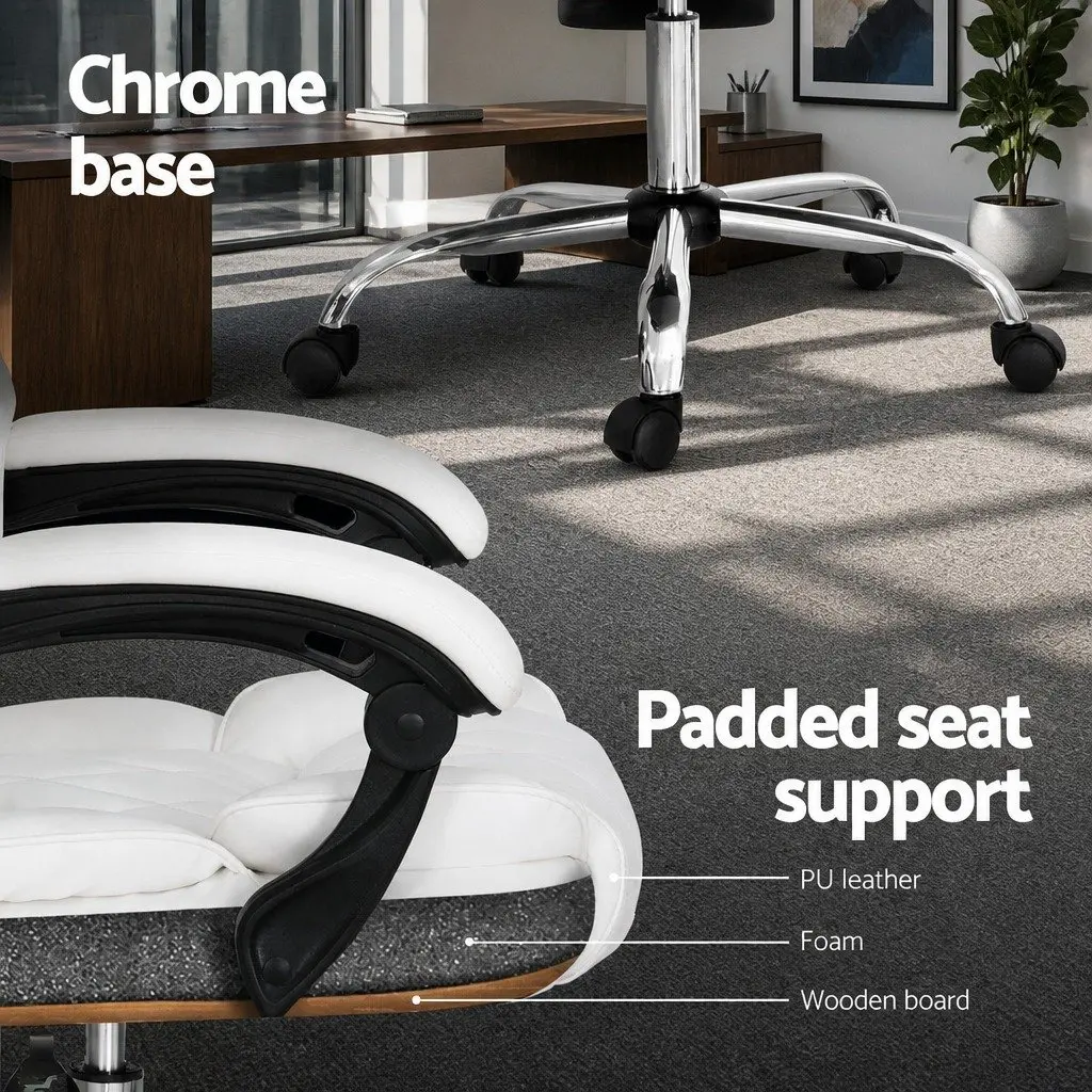 Executive Office Chair High-Back Recliner White Padded Armrests Adjustable