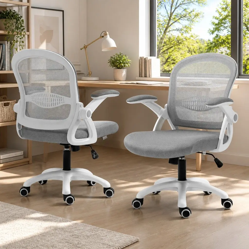 Office Chair for Work Study Gaming Mid Back Adjustable Grey White
