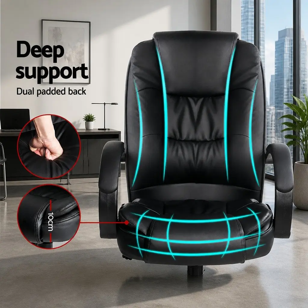 High Back Executive Office Chair Padded Desk Seat Black PU Leather Tilt Swivel