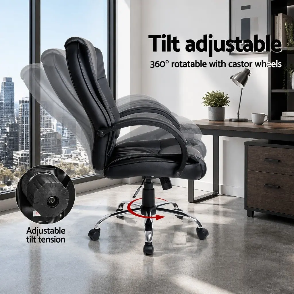 High Back Executive Office Chair Padded Desk Seat Black PU Leather Tilt Swivel