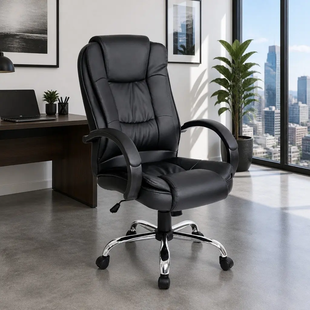 High Back Executive Office Chair Padded Desk Seat Black PU Leather Tilt Swivel