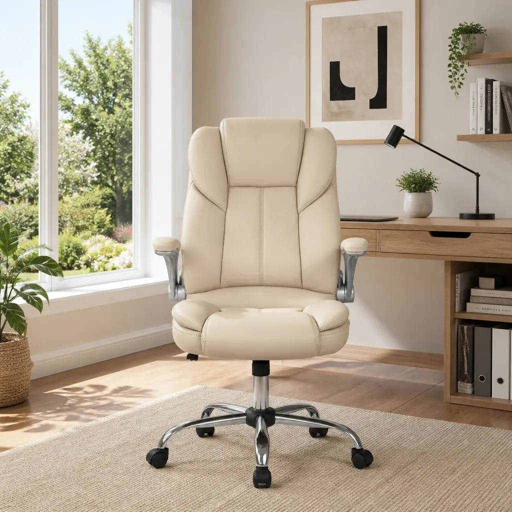 Beige High Back Executive Office Chair with Chrome Base