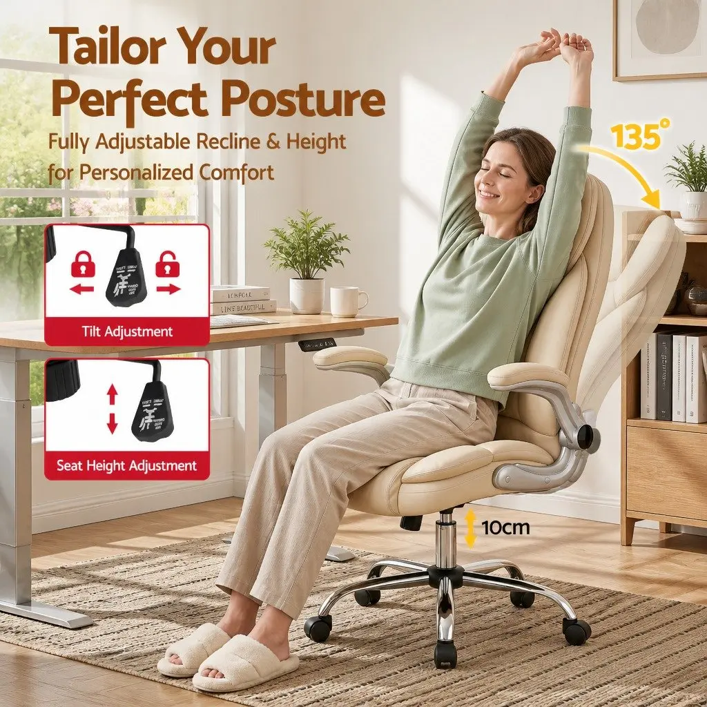 Beige High Back Executive Office Chair with Chrome Base