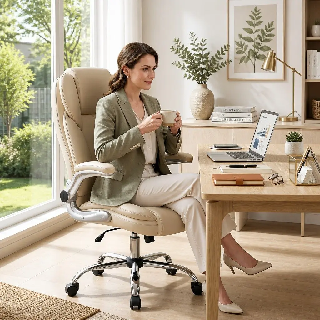 Beige High Back Executive Office Chair with Chrome Base
